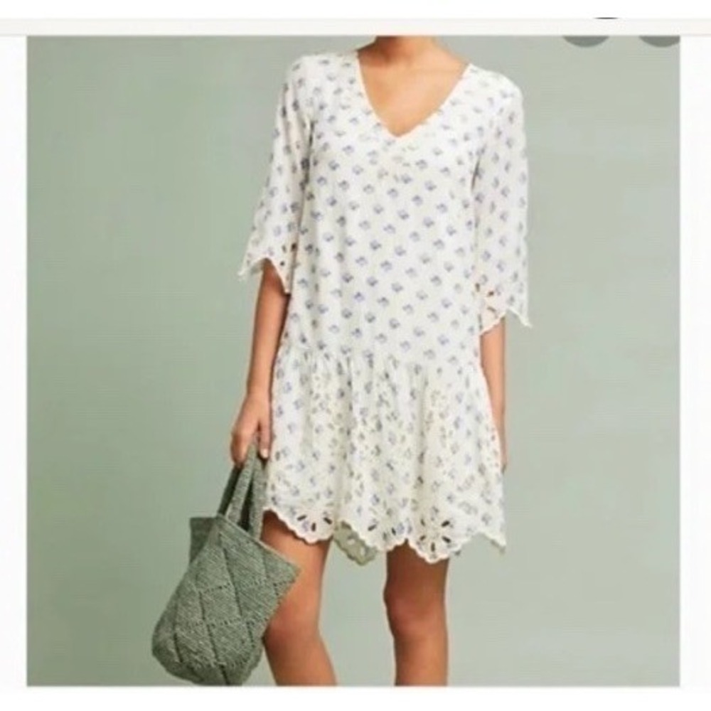 Meadow Rue Anthropologie Tunic Dress Small White Blue Floral Cottagecore Prairie